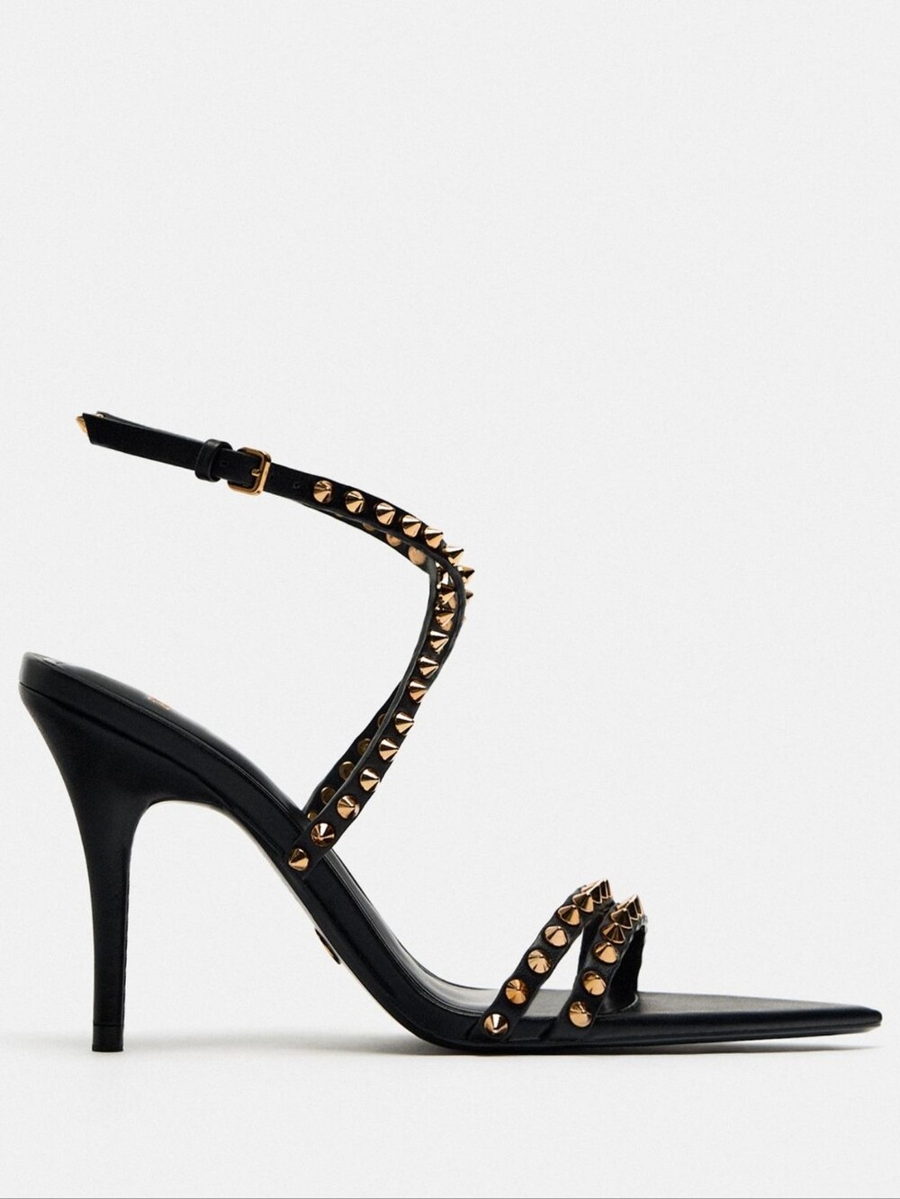 ZARA Black Gold Studded Pointed Toe Strappy Heeled Sandals Sz 37 - Picture 3 of 10